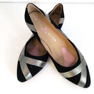 PARIS HILTON Women's Size 8.5 M Cindy Black Suede Leather Flat Shoe Rhinestone